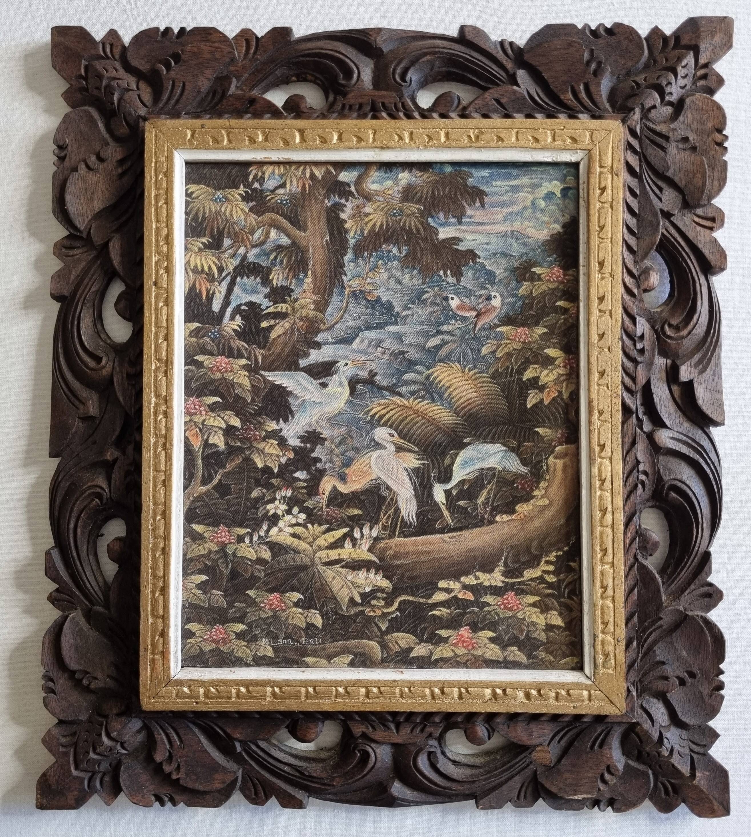 Tropical scene of Bali, painting on canvas in carved teak 33x38 cm.