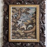 Tropical scene of Bali, painting on canvas in carved teak 33x38 cm.