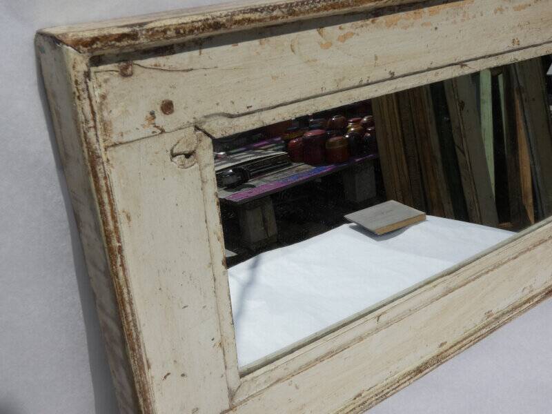 Old Teak Wood Mirror Off-White Patina
