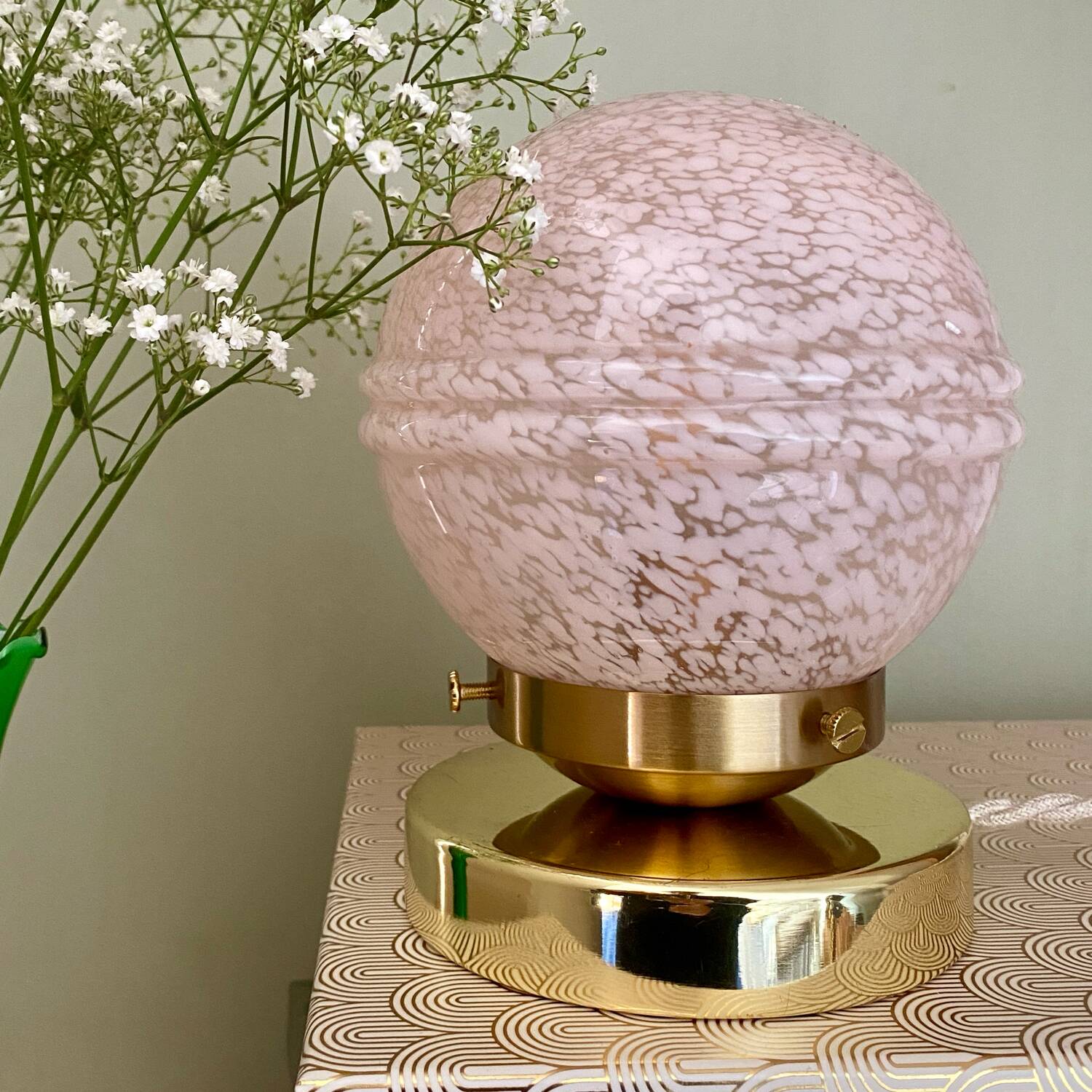 Vintage globe table lamp in pink Clichy glass
