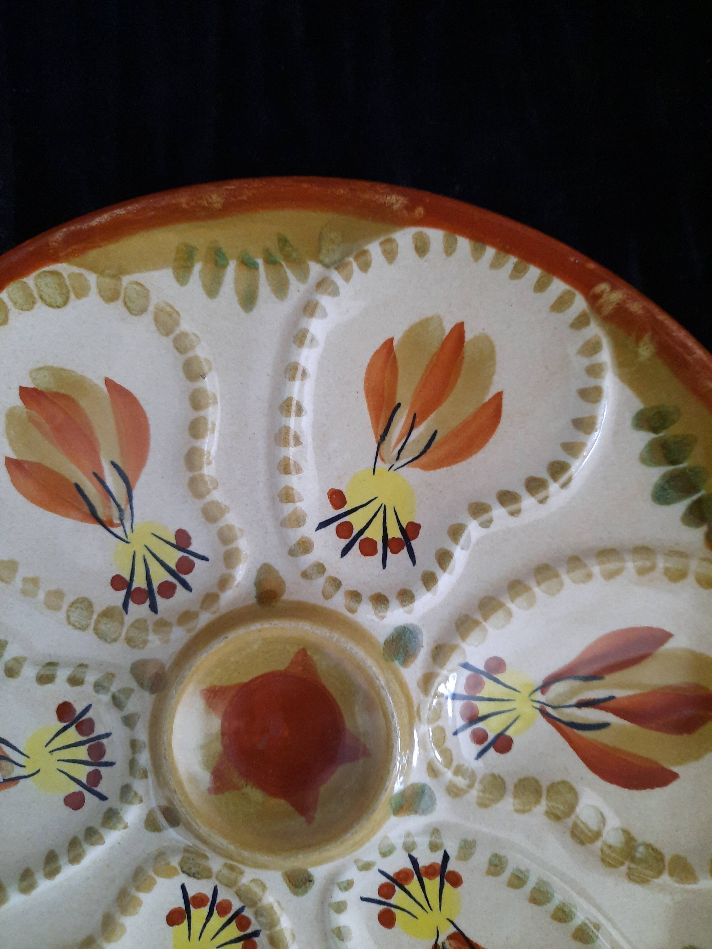 Assiette à huîtres hb henriot quimper grès 23 cm décor floral breton