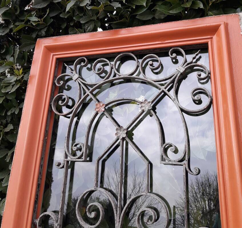 Window frame 179x88cm walnut oak wrought iron grille opening glass panel