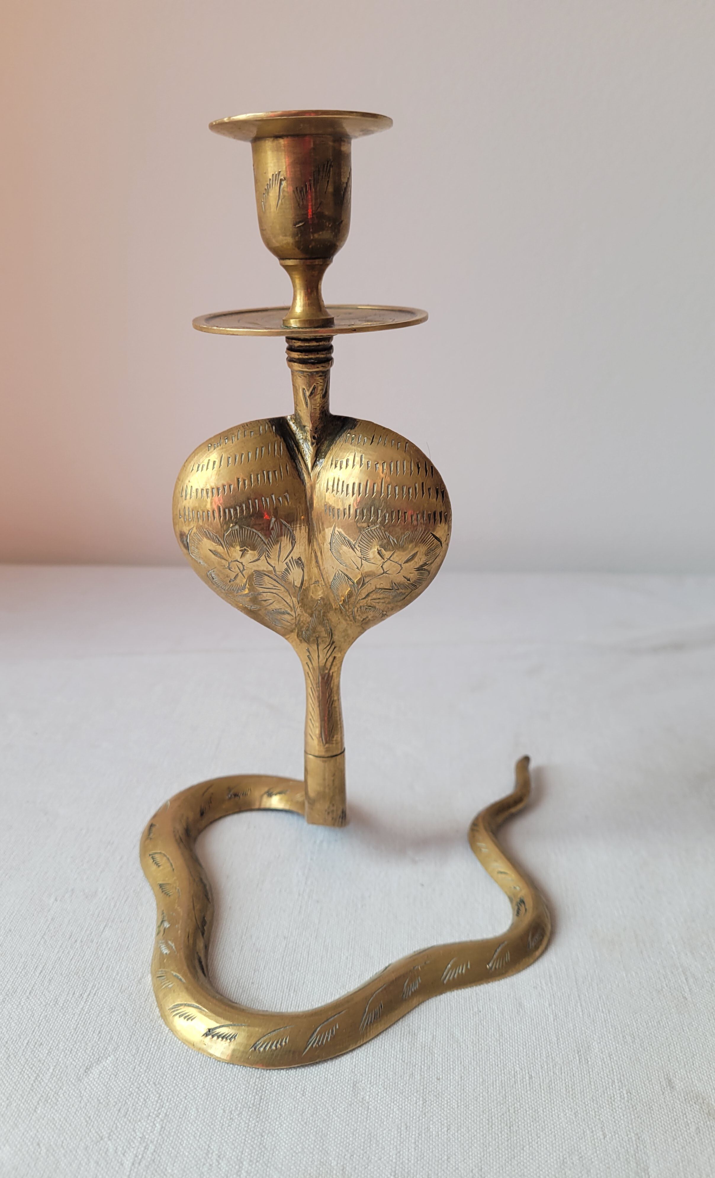 Zoomorphic snake cobra brass candle holder