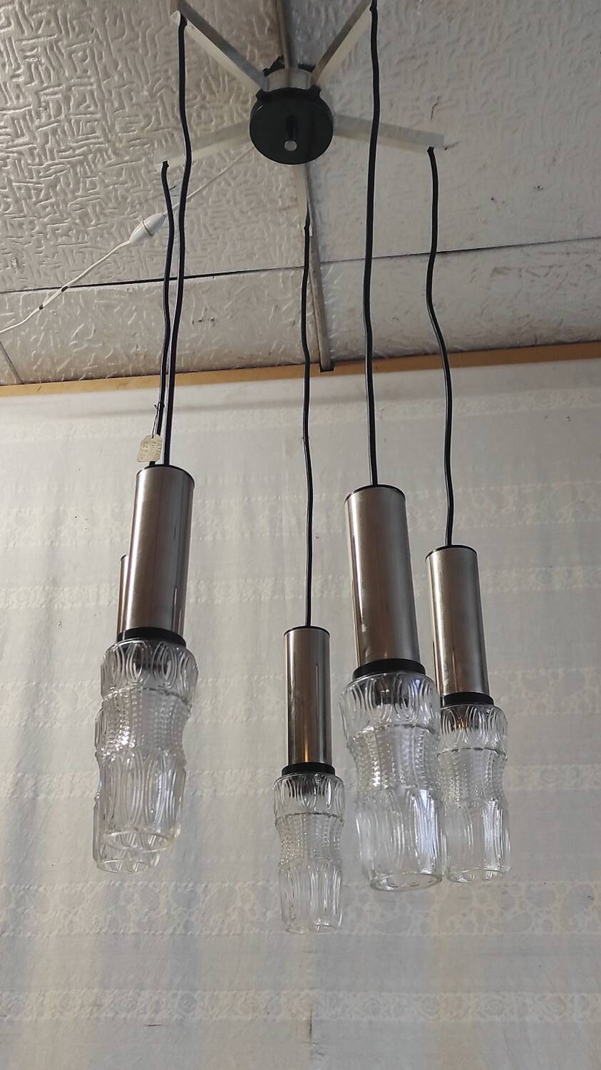 5-light chrome metal and molded glass pendant light - 70's