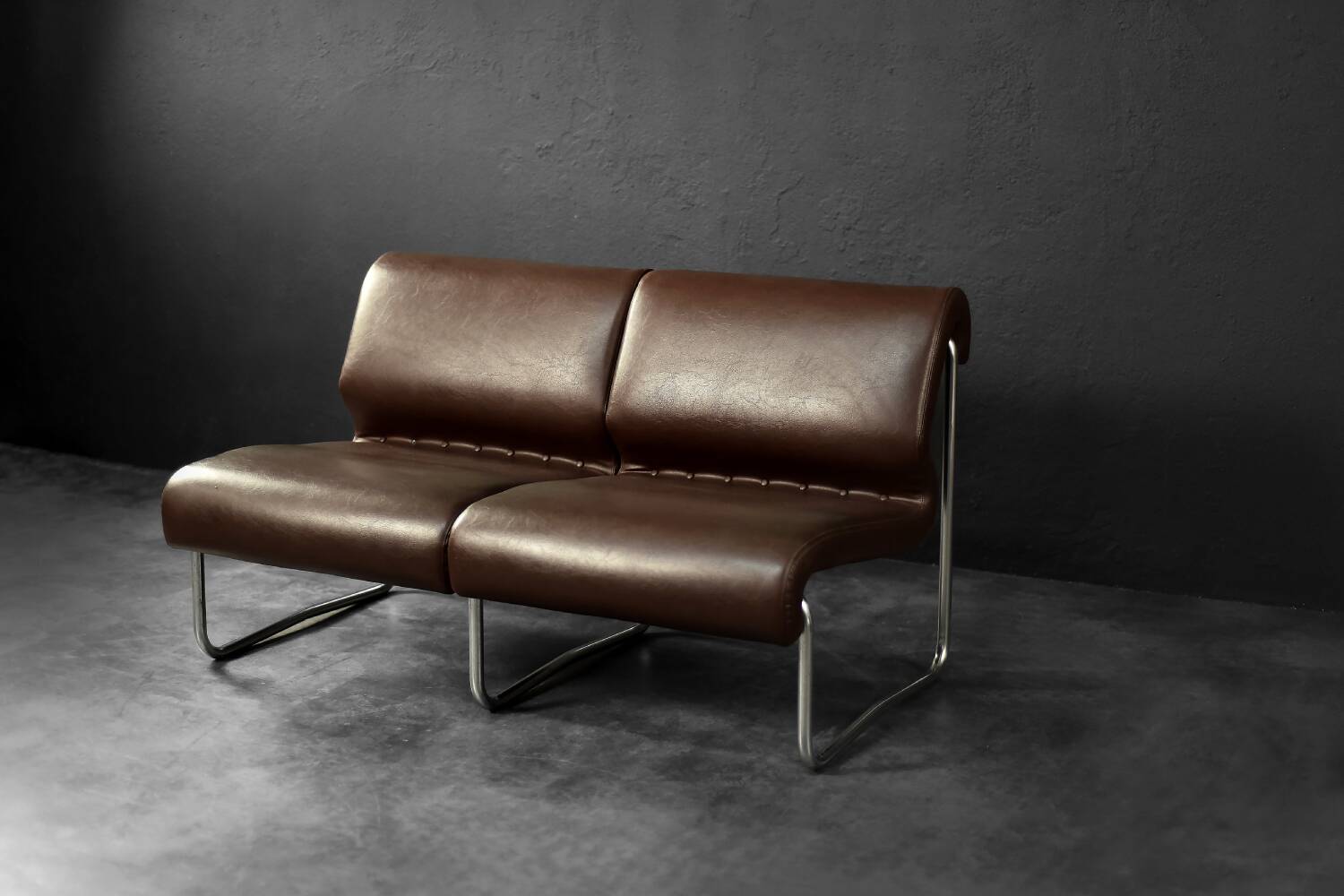 Vintage Mid-Century German Modern 2-Seater Brown Steel Frame Lounge Sofa