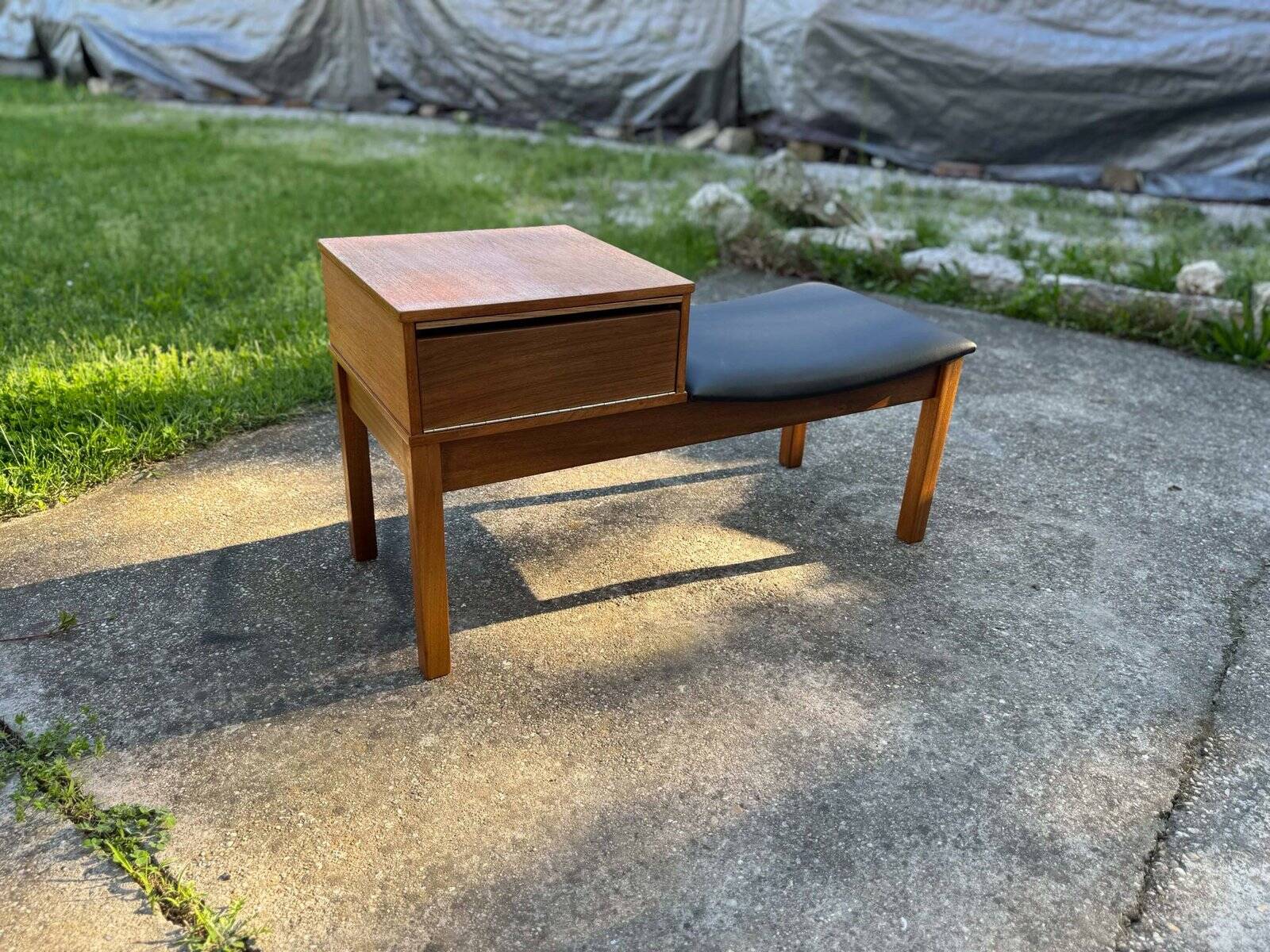 Vintage teak telephone bench with vinyl seat, 1960s