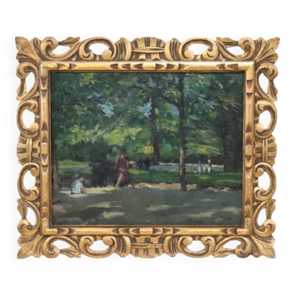 Oil Painting On Plywood, People In The City Park, Early 20th Century