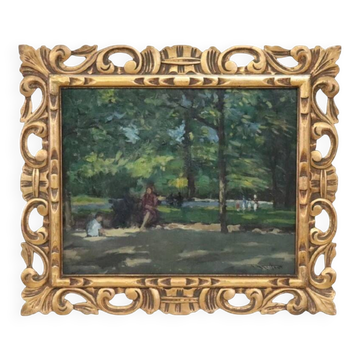Peinture à l'huile sur contreplaqué, personnes dans le parc de la ville, début du 20e siècle.