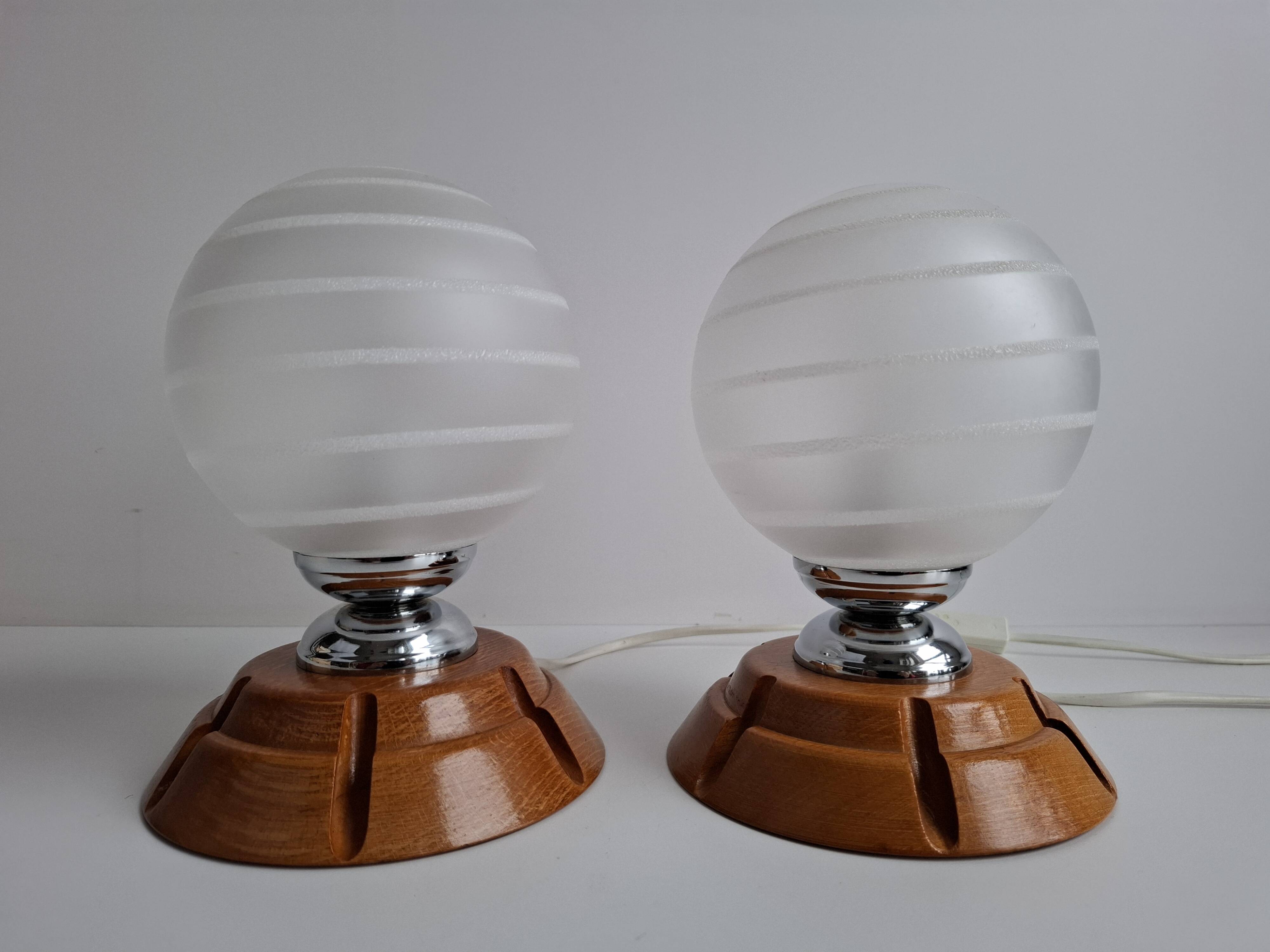 Pair of Mid-Century Czech Wood and Frosted Glass Table Lamps, 1990