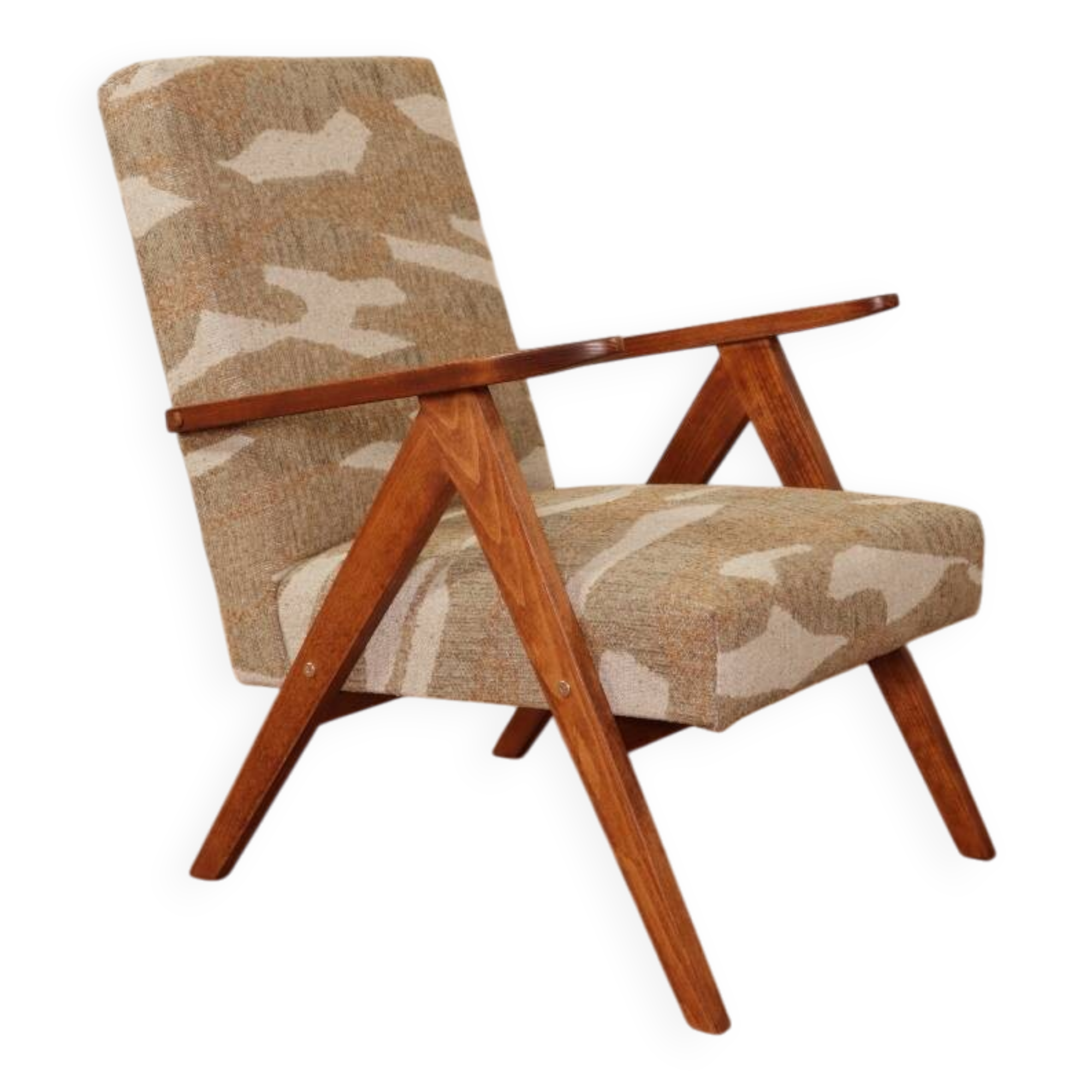 Fauteuil lounge vintage en tissu jacquard à motifs rétro et bois marron