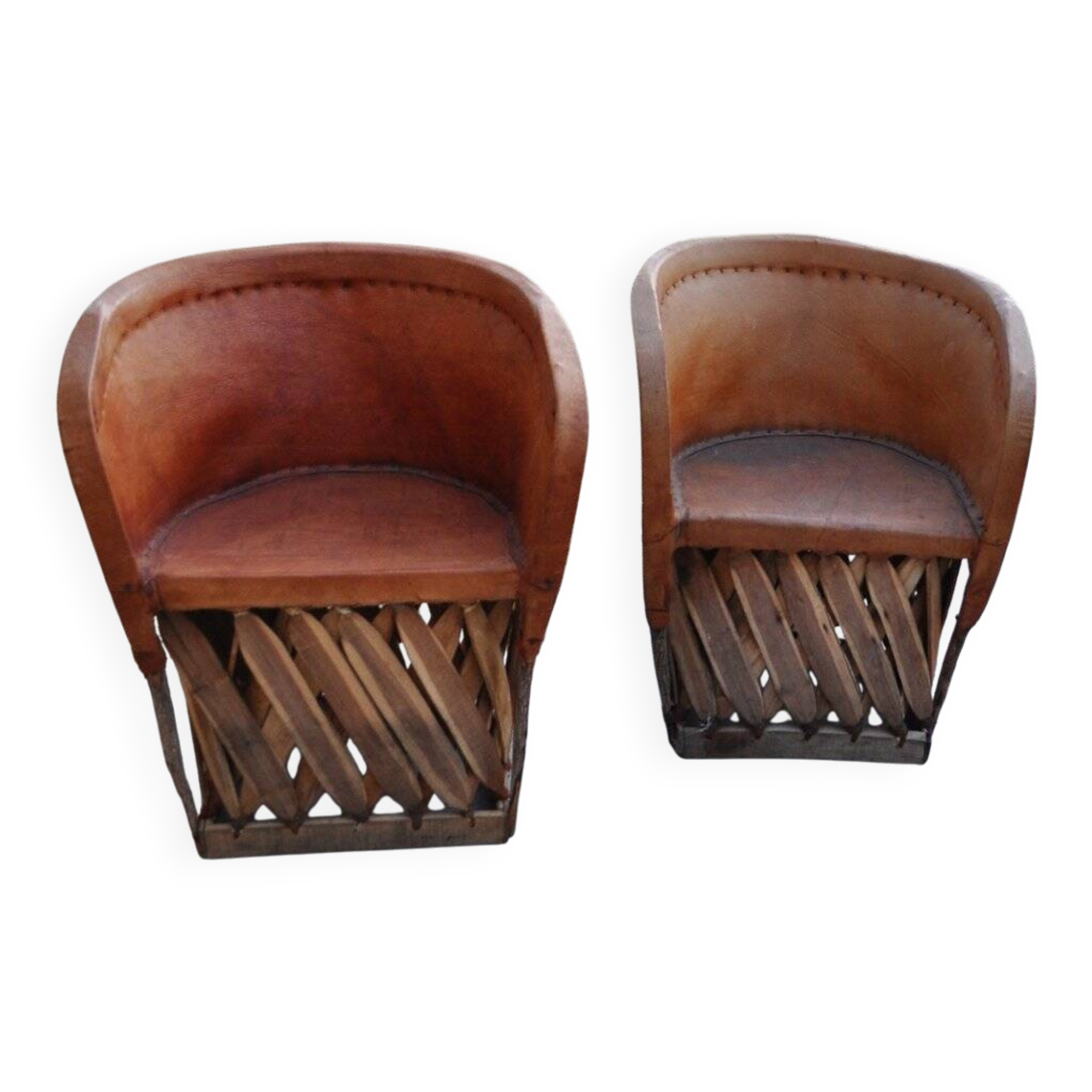Set of 2 Mexican chairs by Wim Rietveld in brown leather and wood - vintage folk art