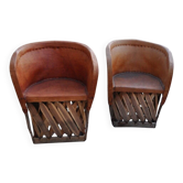 Lot de 2 chaises mexicaines Wim Rietveld cuir marron et bois - folk art vintage