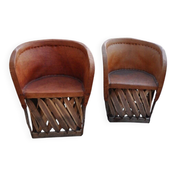 Set of 2 Mexican chairs by Wim Rietveld in brown leather and wood - vintage folk art