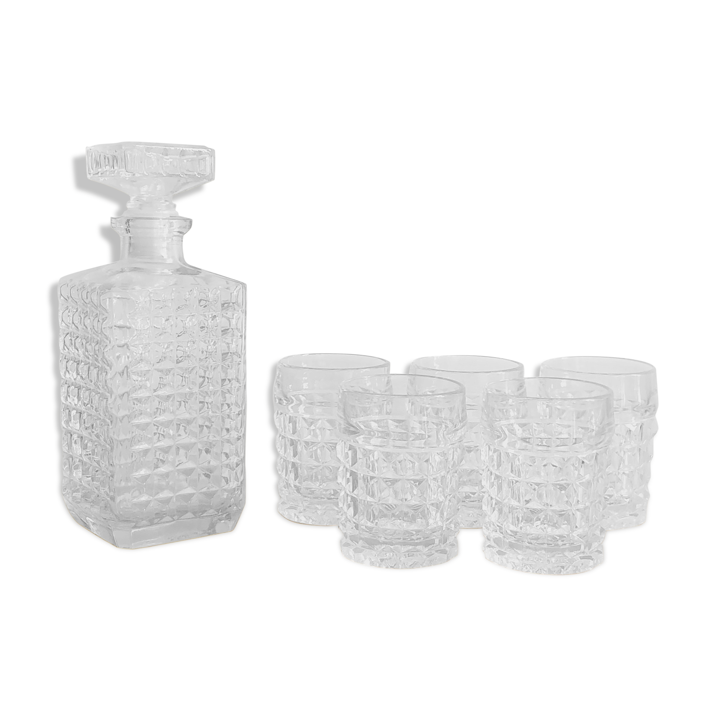 Set five glasses and whiskey decanter in chiseled glass