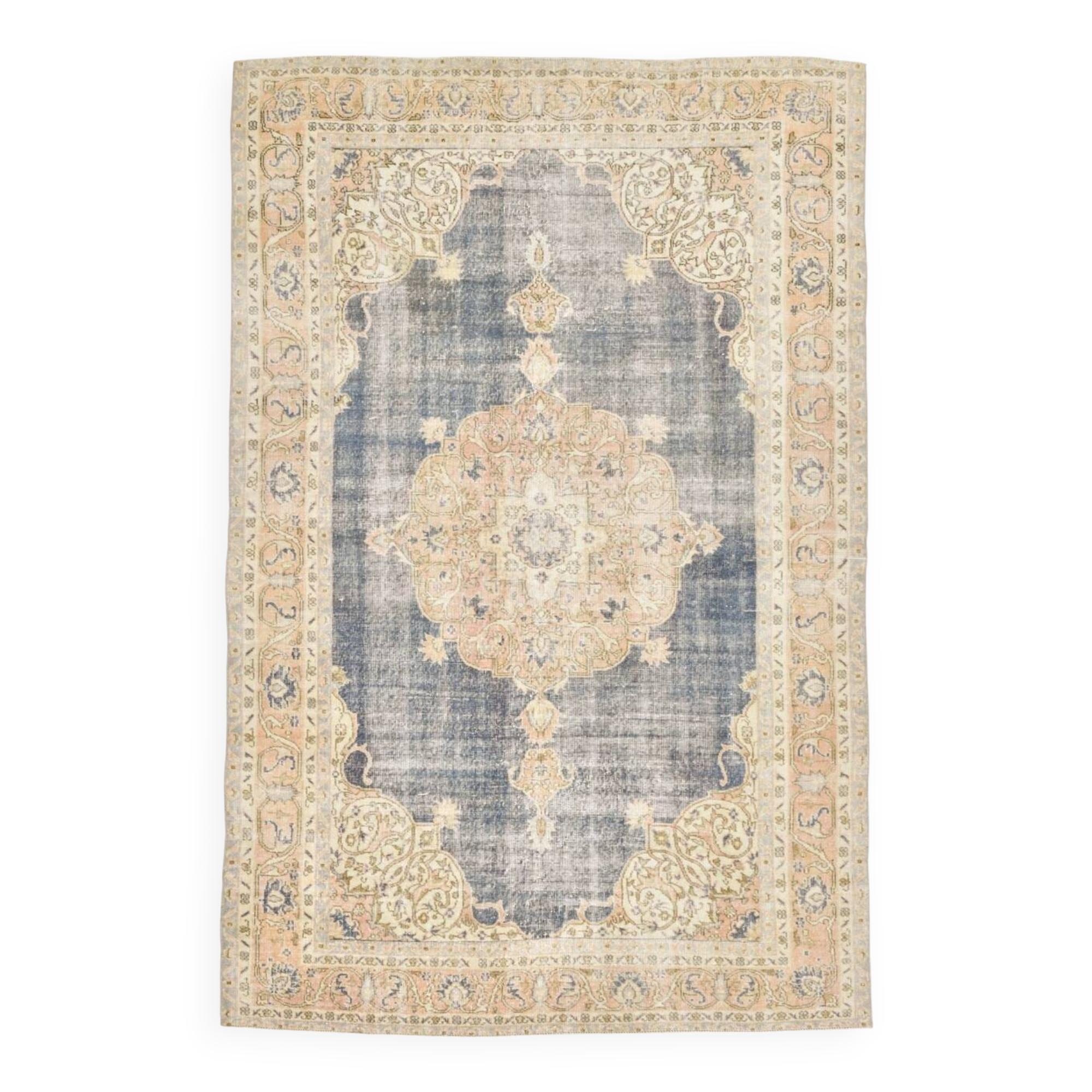 7x11 Soft Beige & Blue Wool Vintage Rug For Living Room, 210x324 Cm
