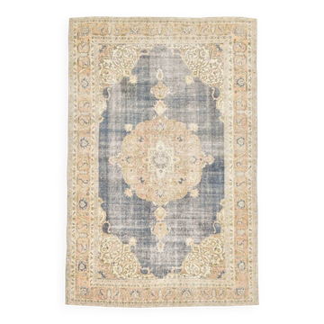 7x11 Soft Beige & Blue Wool Vintage Rug For Living Room, 210x324 Cm