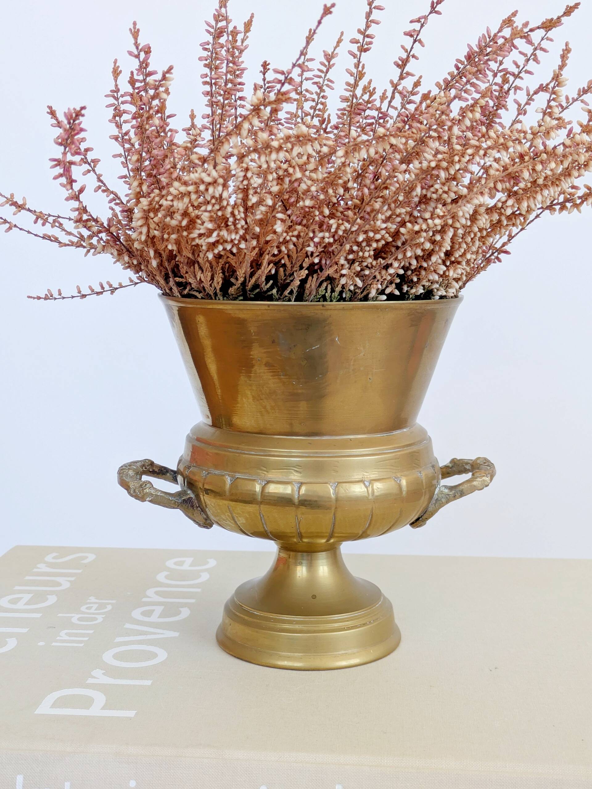 Vintage brass cache-pot on a stand with handles, classic decor.
