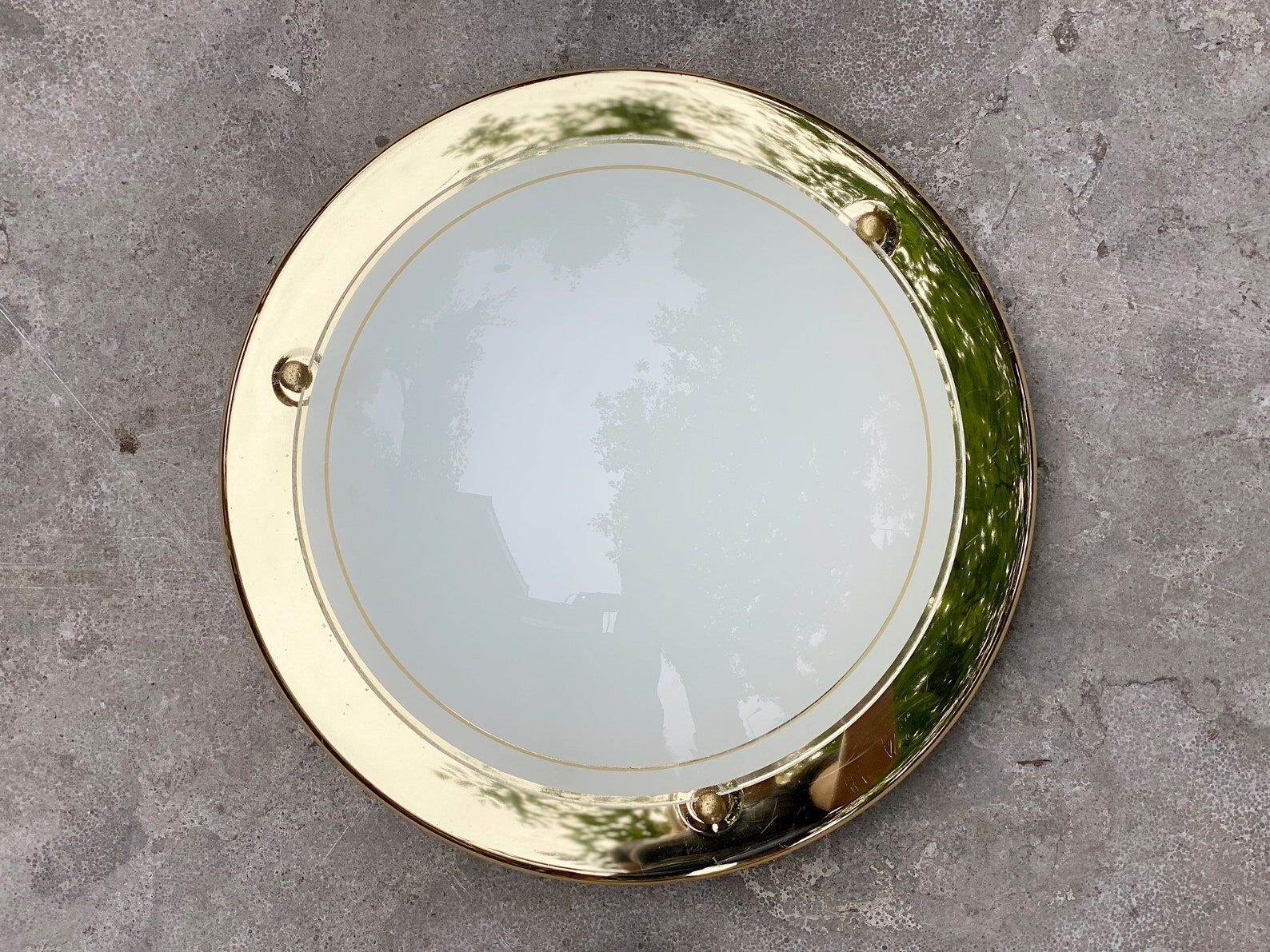 Vintage round ceiling lamp brass & white glass, Gold, Hollywood Regency, Wall sconce