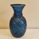 Vase ananas en verre bleu