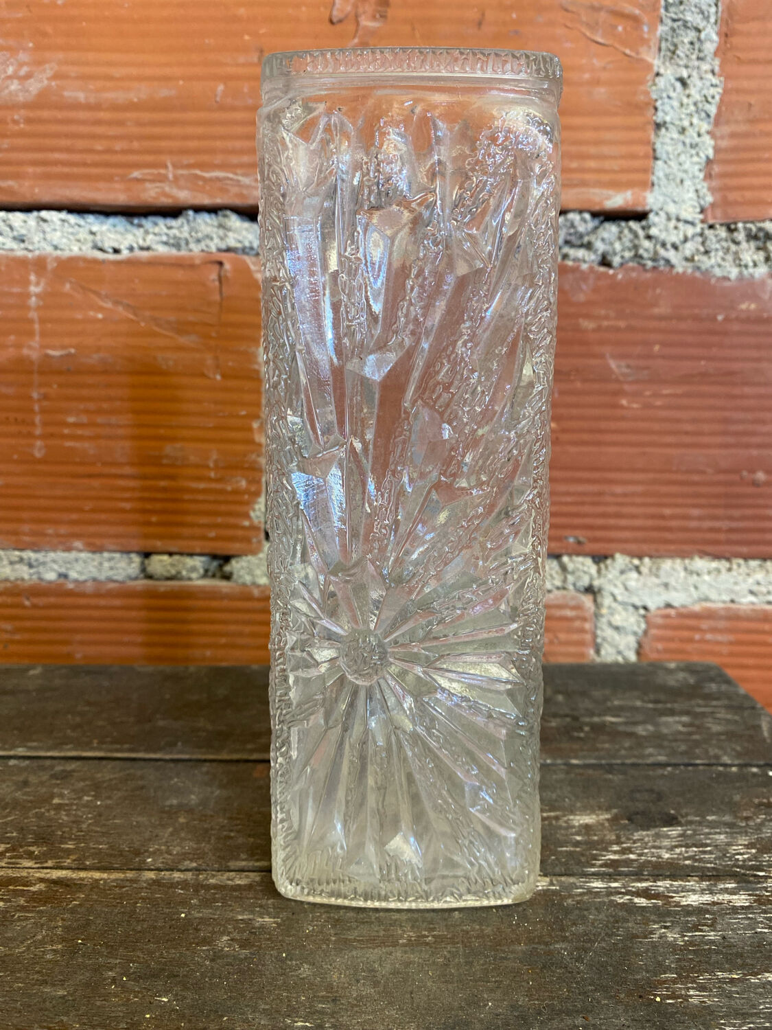 Vintage 1970s Rectangular Moulded Glass Vase with Sun Decoration #D757