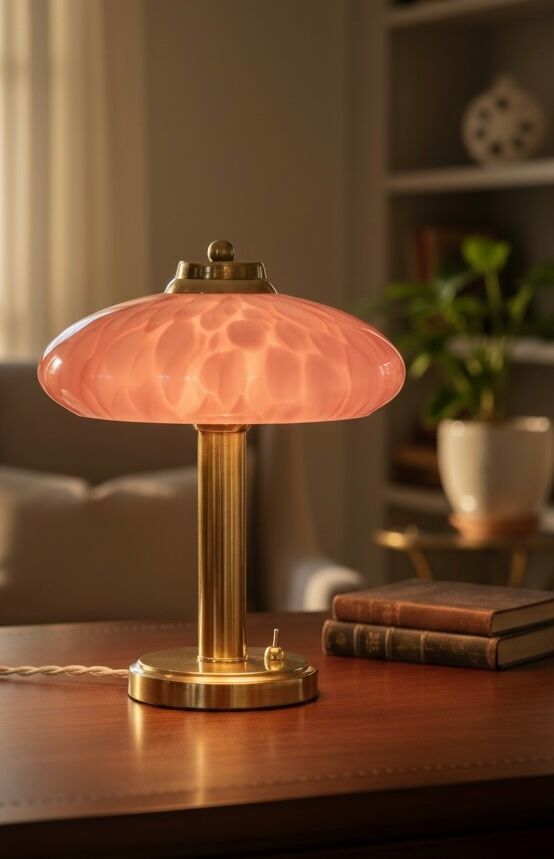 Pair of Art Deco mushroom table lamps, pink Clichy glass