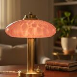 Pair of Art Deco mushroom table lamps, pink Clichy glass