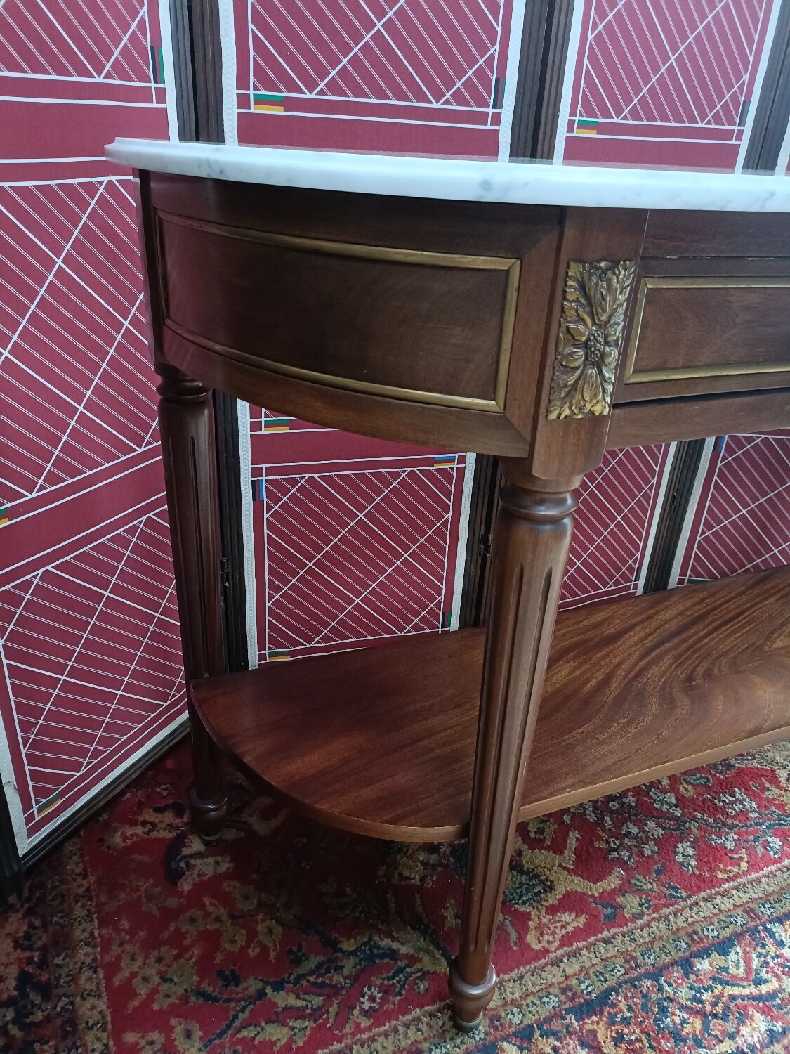 Louis XVI style half-moon console with veined white marble and drawer