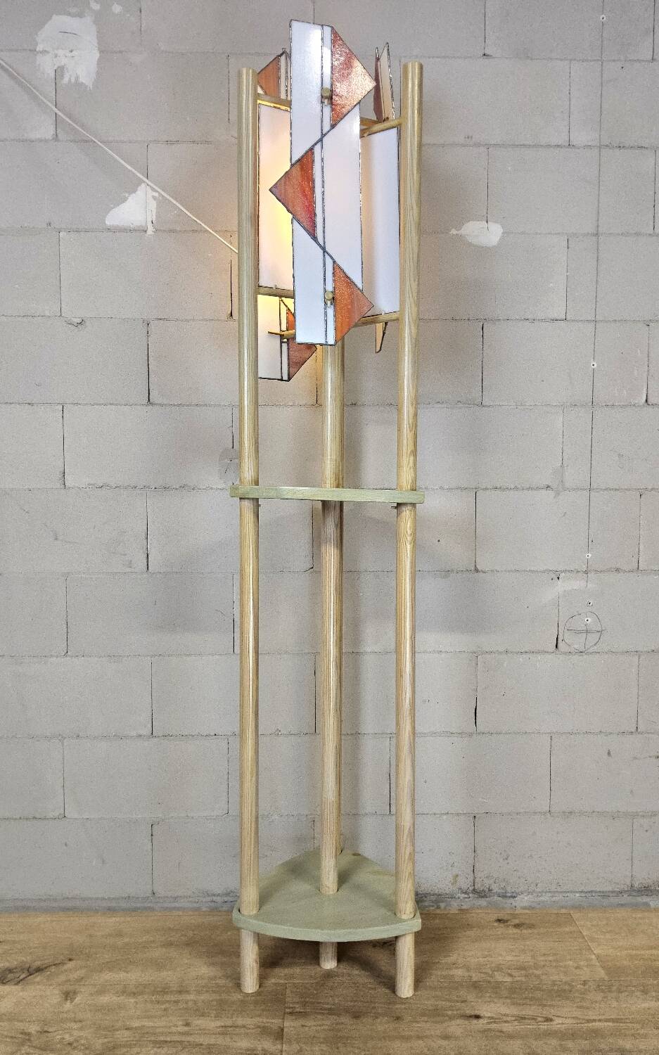 Pine wood floor lamp with handmade stained glass in Japandi style.