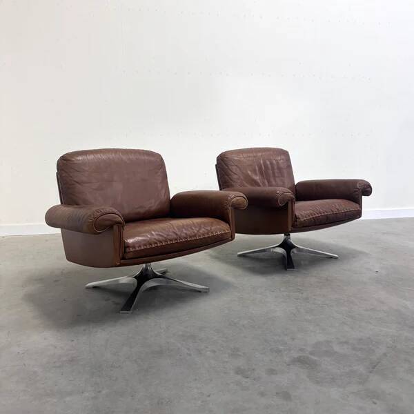 Set cognac leather De Sede DS31 lounge chairs, 1970s