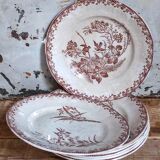 Sept assiettes à dessert terre de fer aux oiseaux f.f.Pexonne fin XIX ème