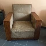 Pair of modernist Art Deco armchairs in alcantara and walnut, 1930