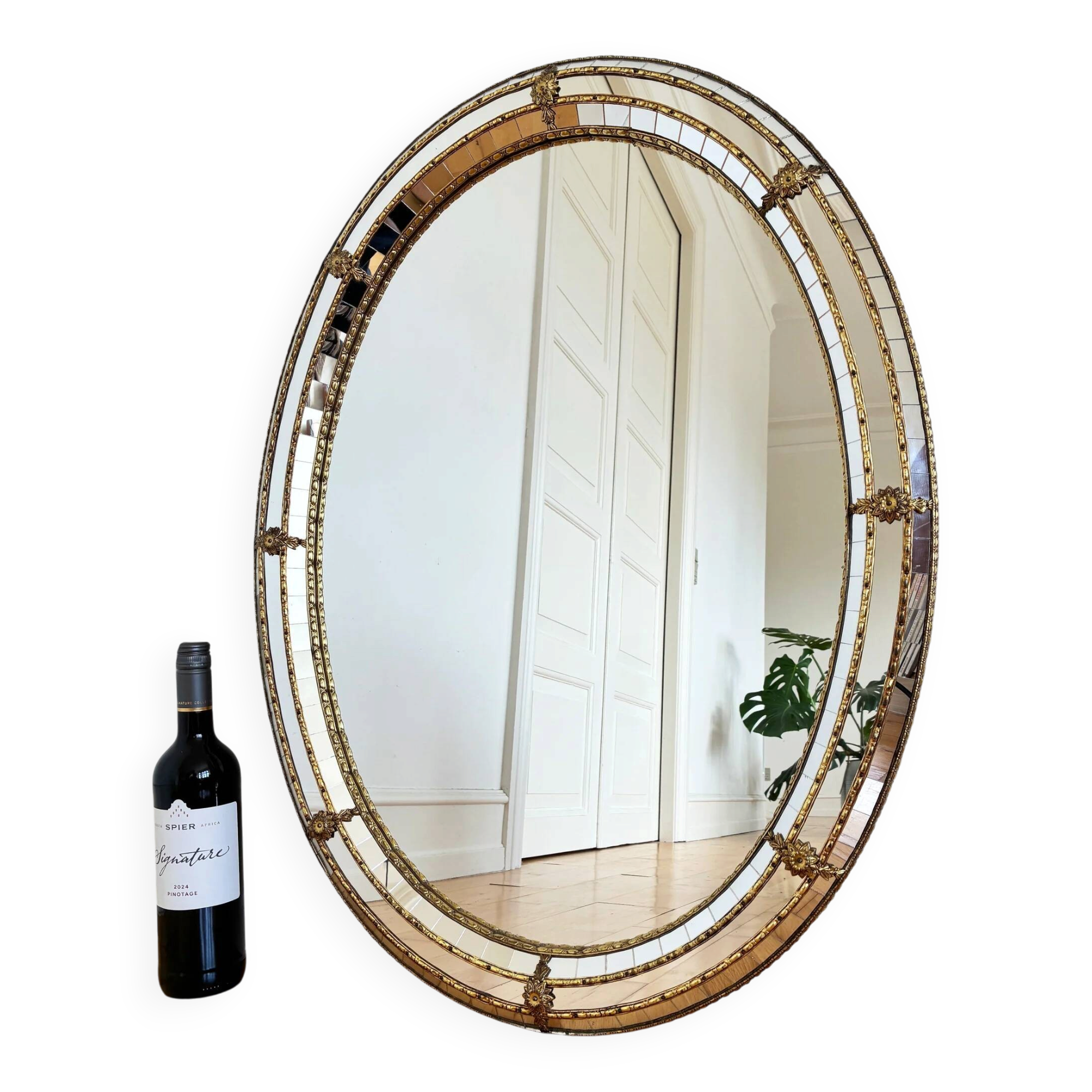 Vintage Spanish Venetian-style wall mirror, oval, brass, 1980s Hollywood Regency