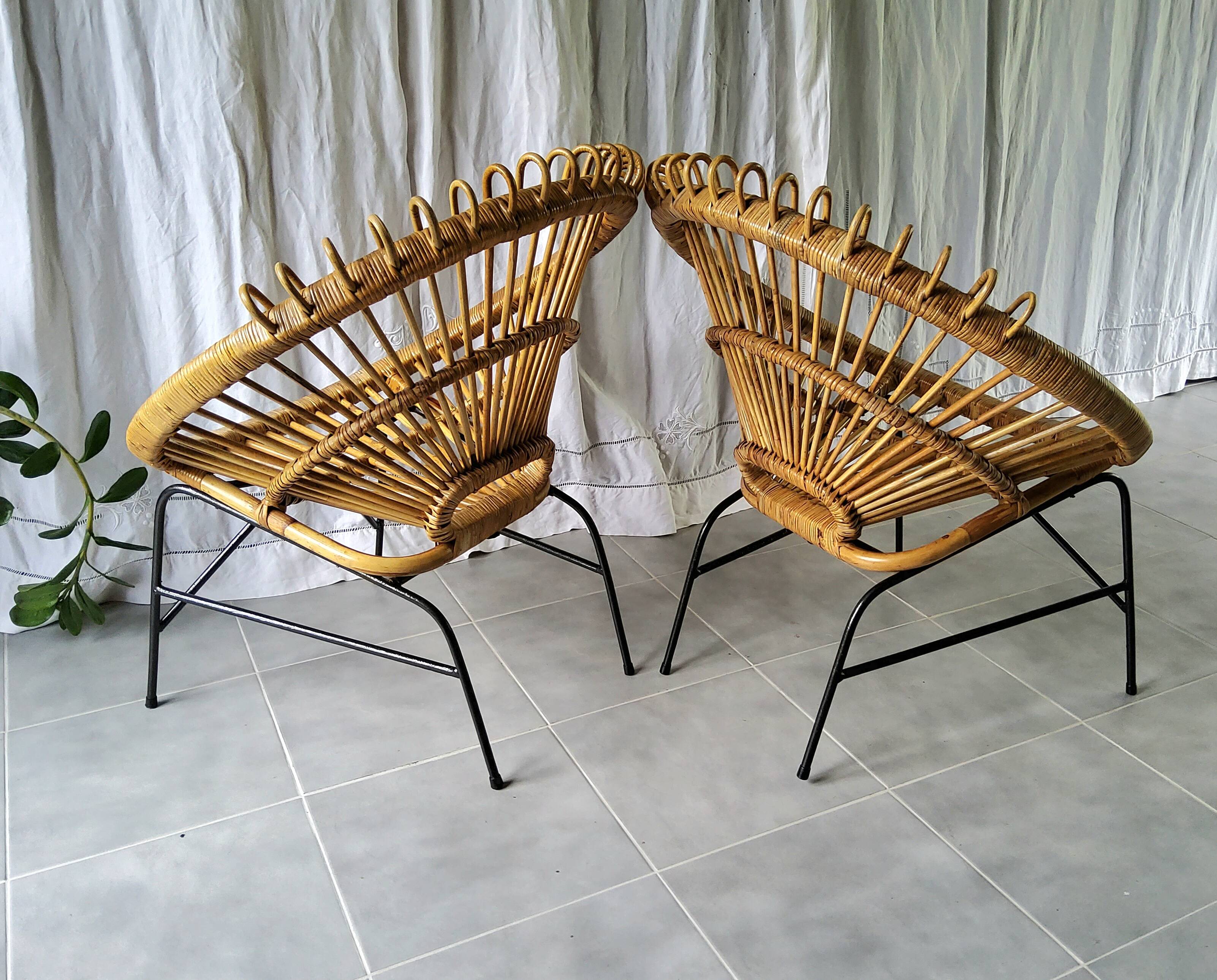Pair of 60s rattan armchairs