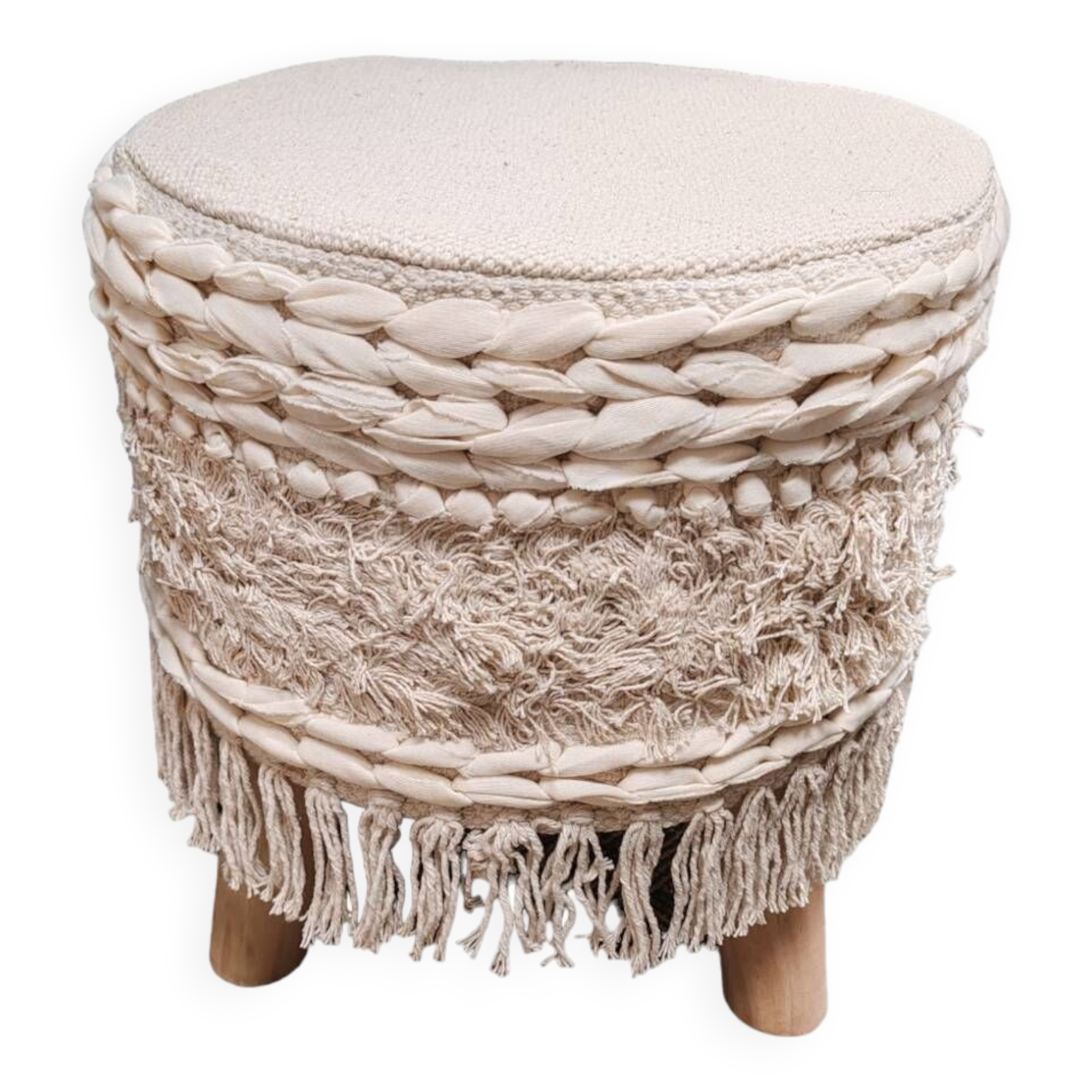 Tabouret pouf bois et tissus.