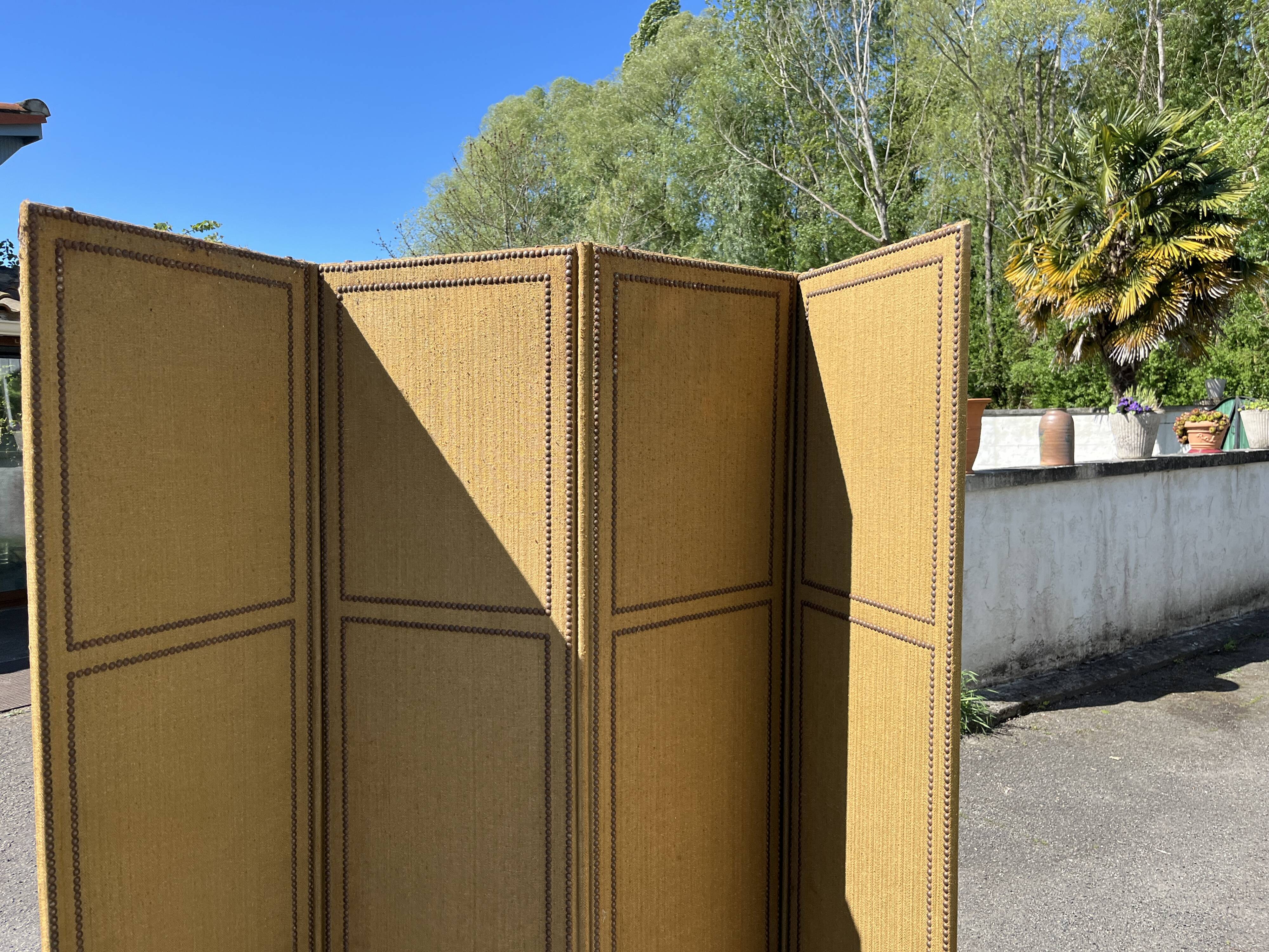Antique 4-panel screen – burlap and upholstery nails