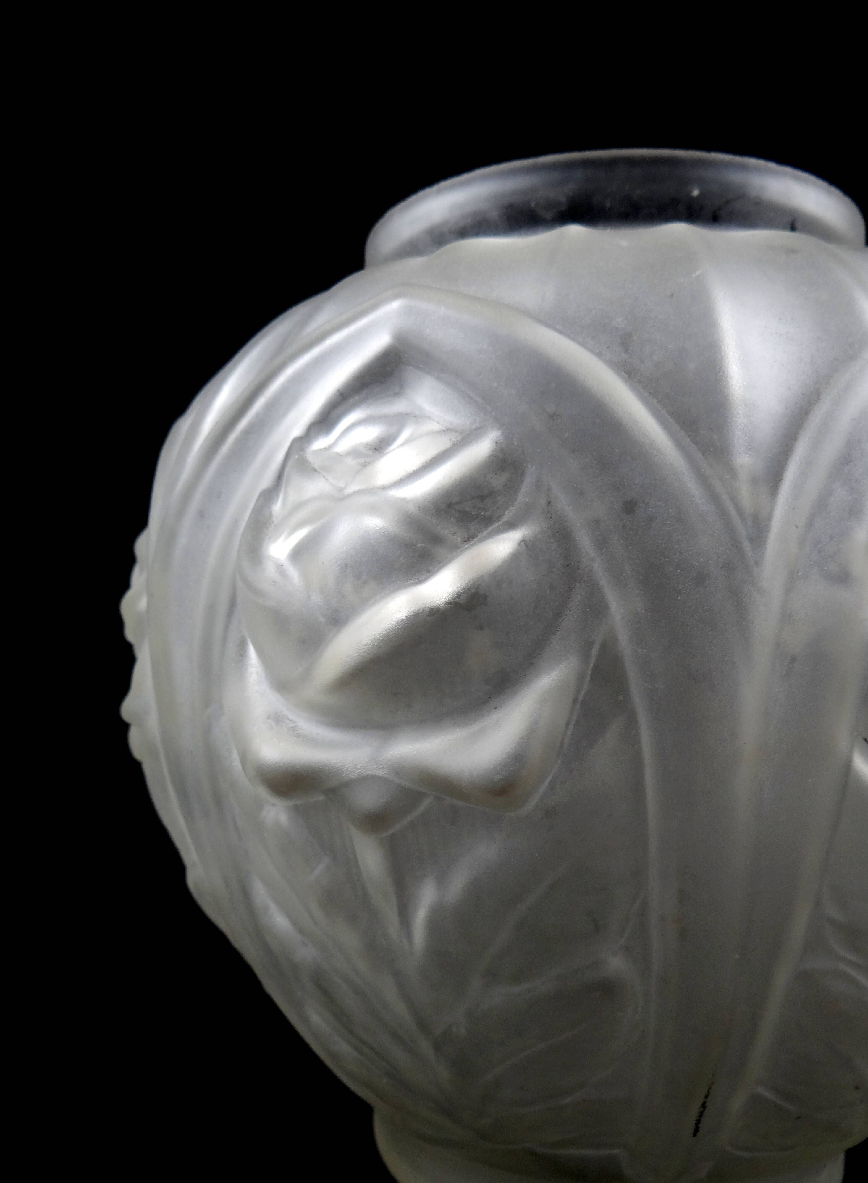 Art Deco ball vase with arches and roses in frosted molded glass