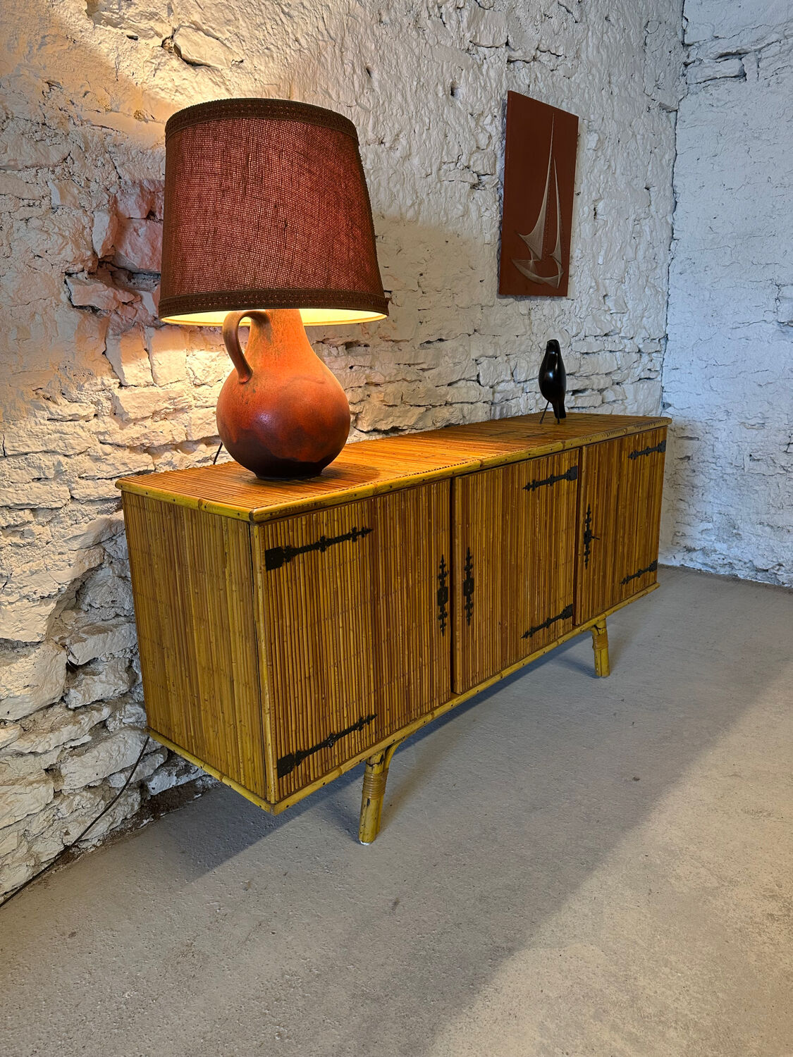 Bamboo and metal enfilade in the Audoux Minet style, 1950s.