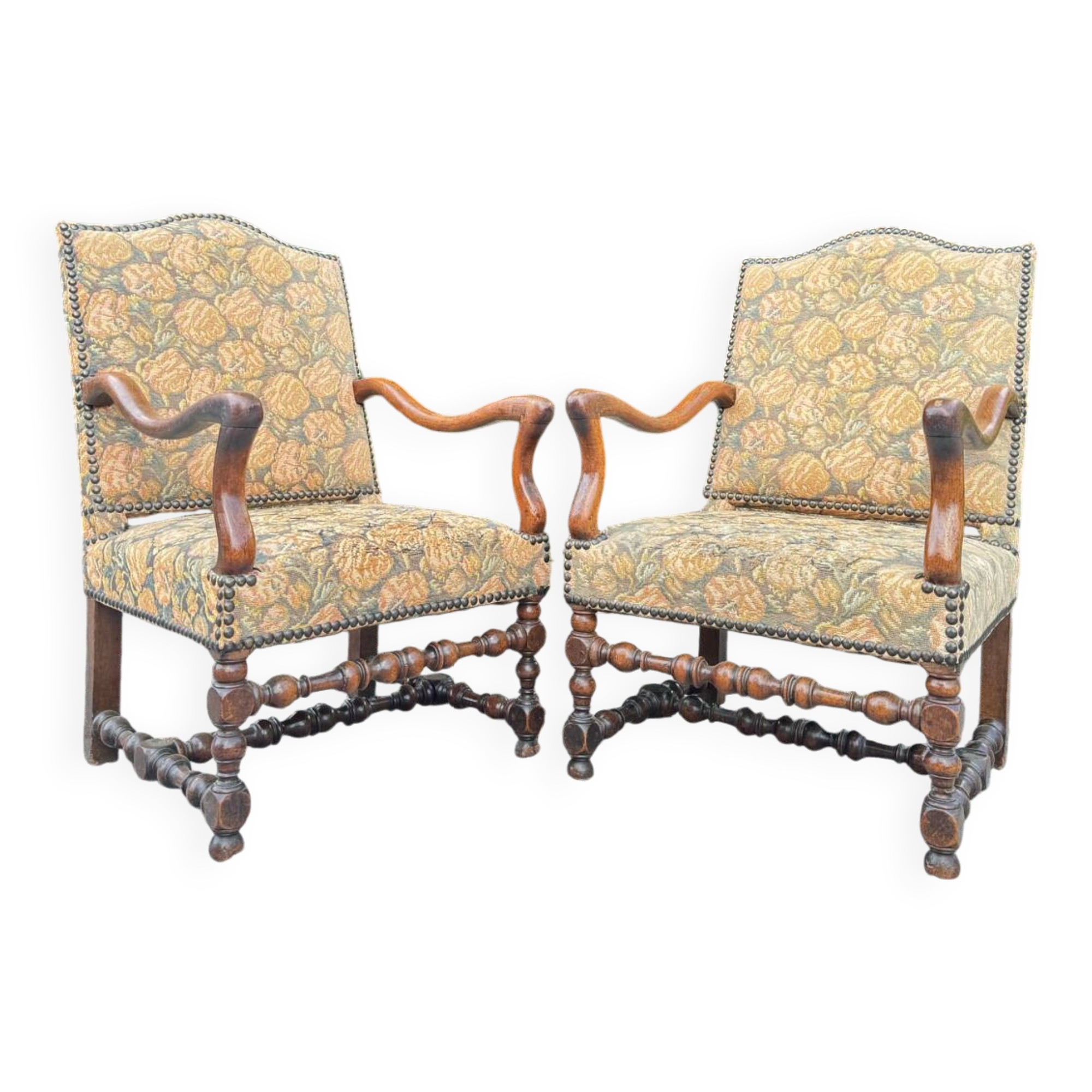 Pair of louis xiv period walnut armchairs, 17th century