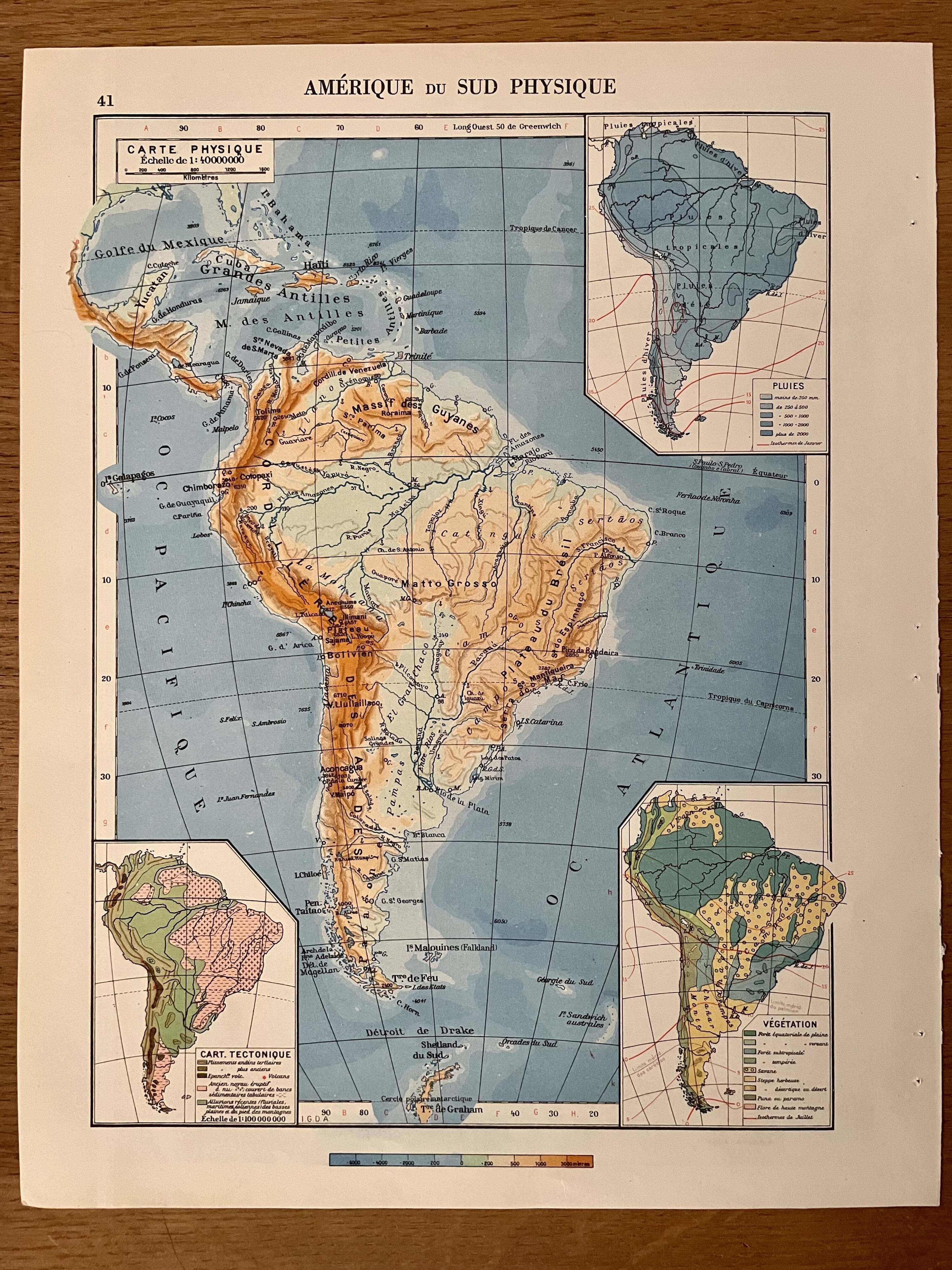 Ancienne carte d'Amérique du Sud (physique) - 1940