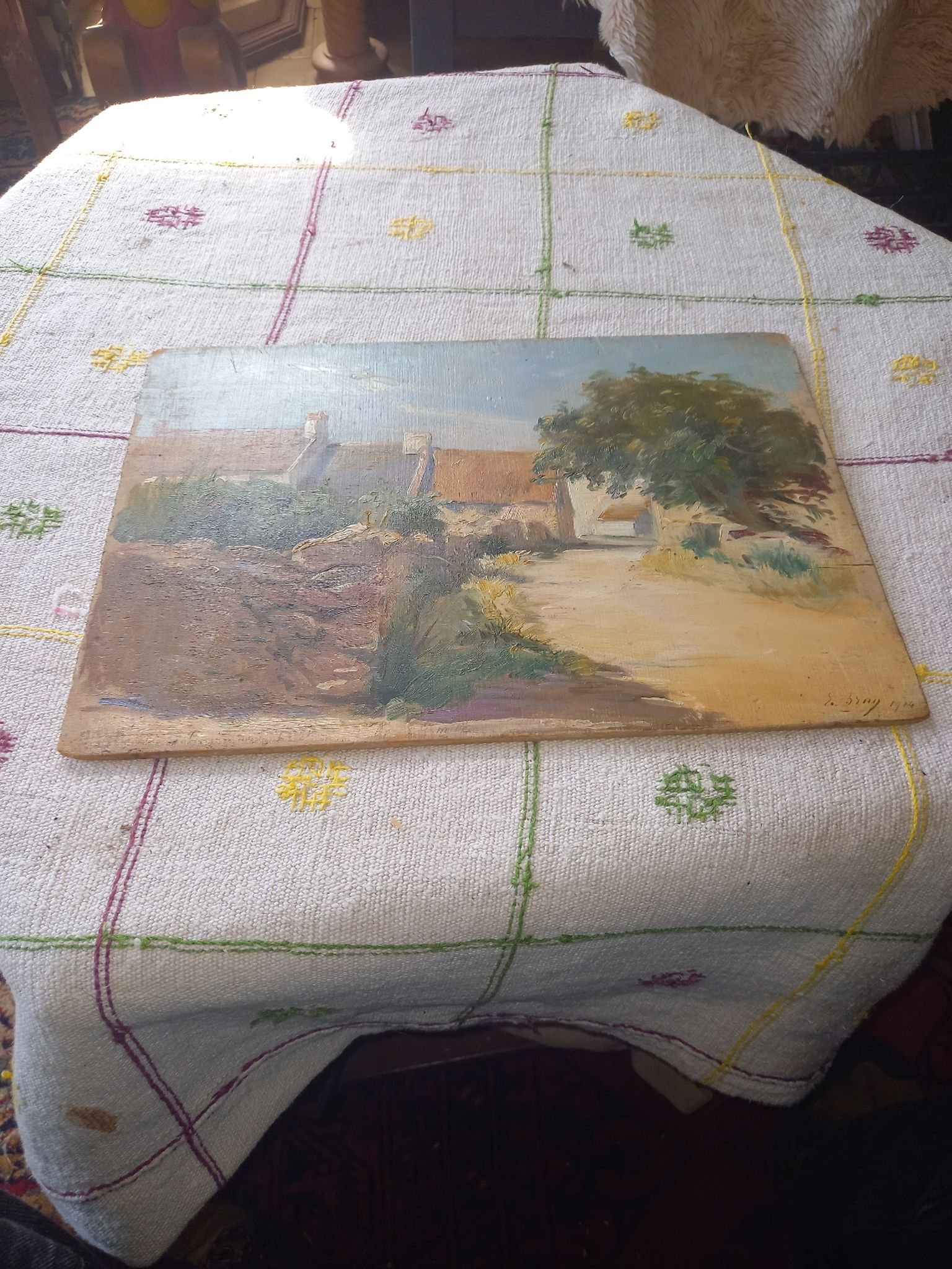 Huile sur bois village sur la presqu'île de  kermorvan,  Morbihan
