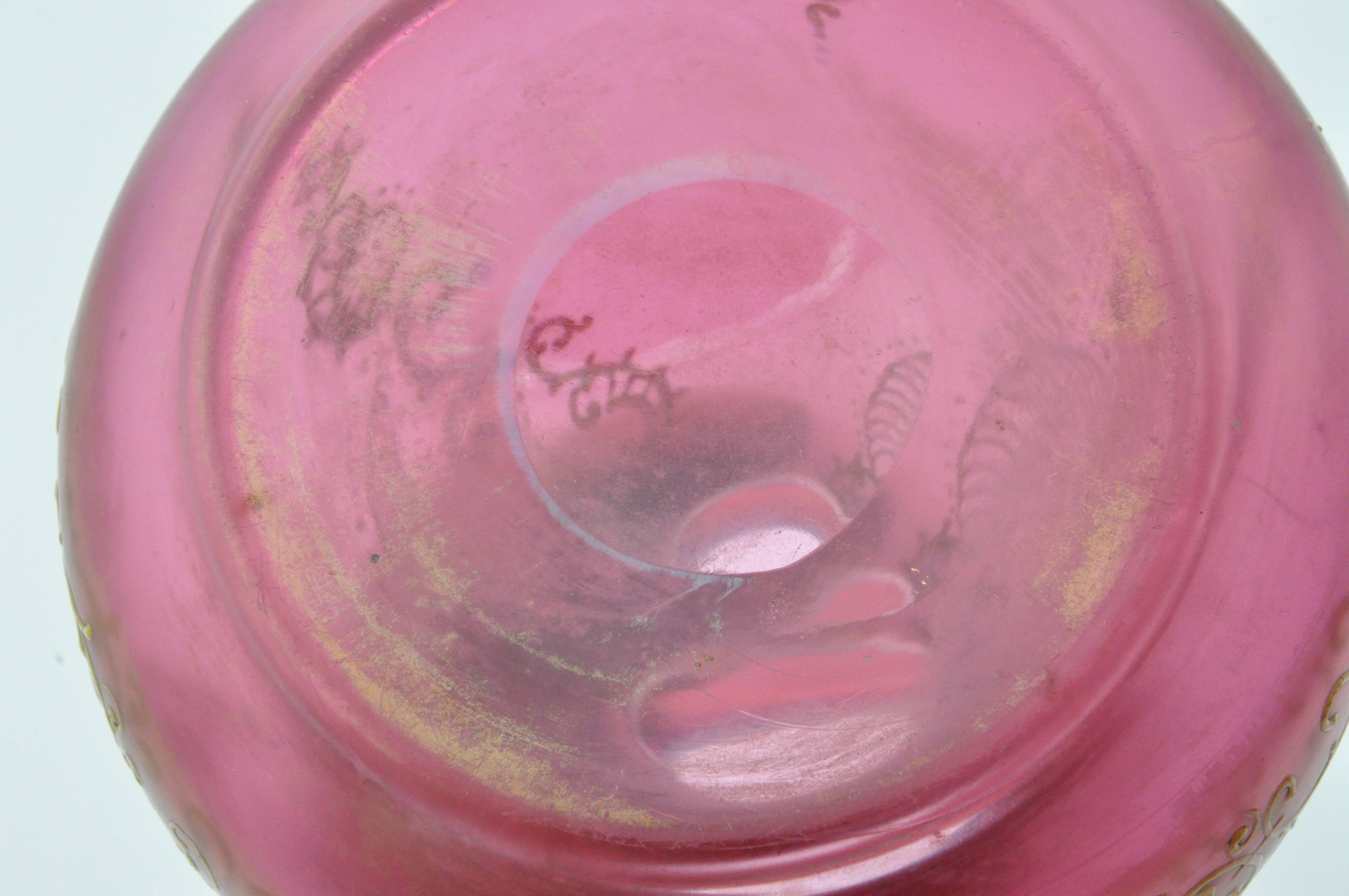 Old pair of vases glass paste enhanced with golden enamel art nouveau décor