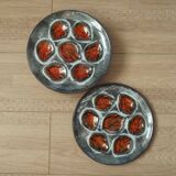 Set of 6 Vintage French Blue Gray & Orange Hand Painted Pordic 6 Serving Oyster Plates 4973