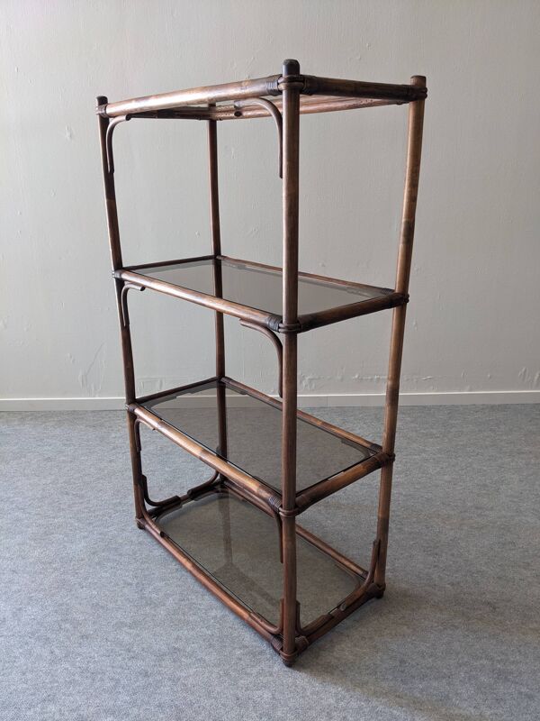 Etagère en bambou teinté et verre fumé, France vers 1970