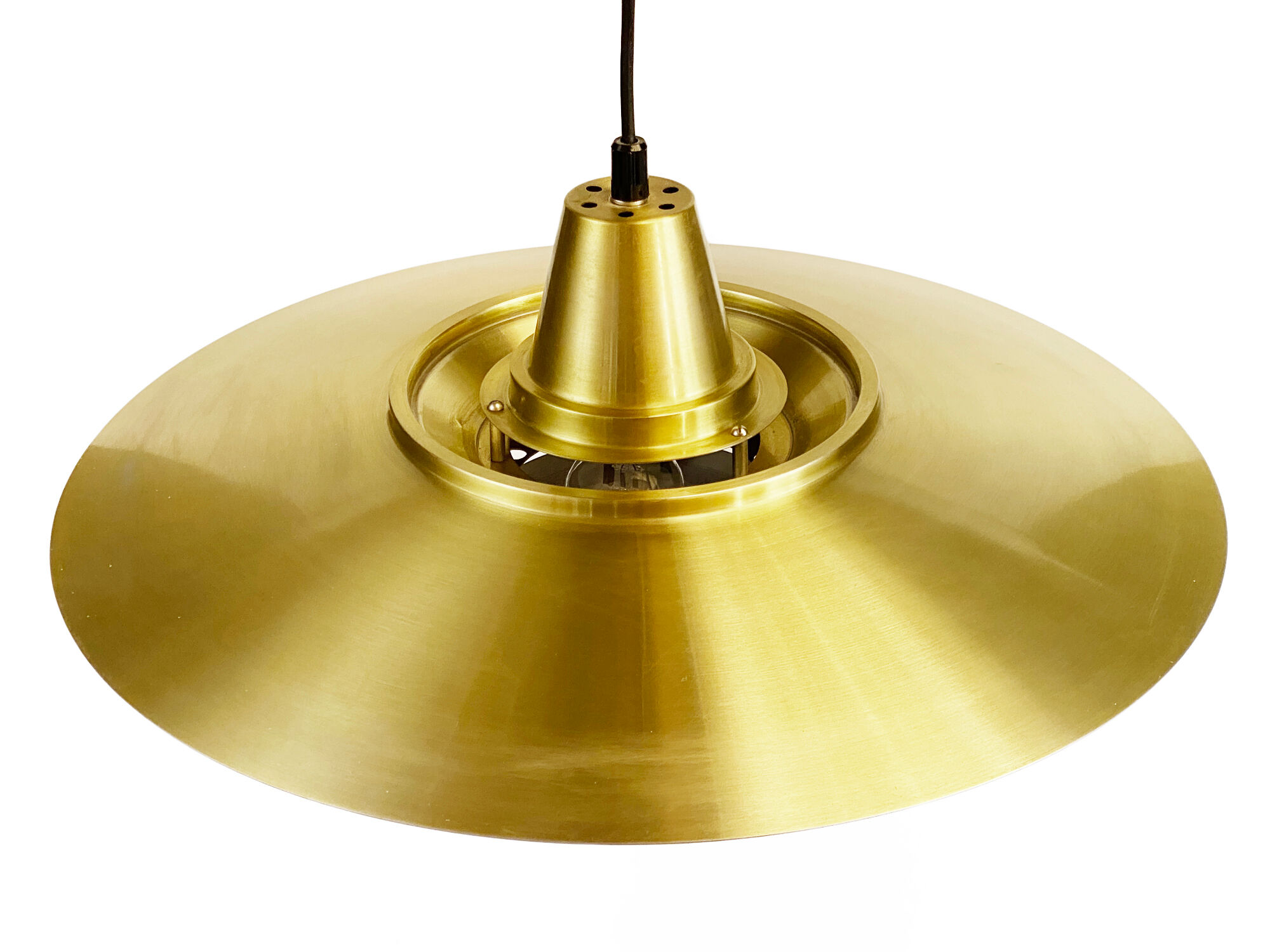 Large brushed aluminum pendant light with golden finish. Produced by Jeka. Denmark 1970s