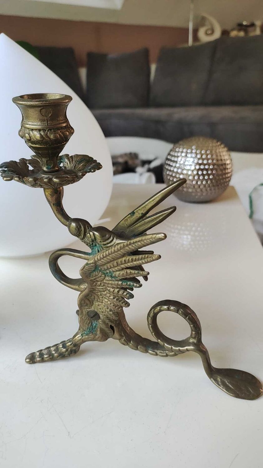 Pair of bougeoirs antiques dragons winged / chimeras / phoenix, style napoleon iii, 19th. in gilded bronze