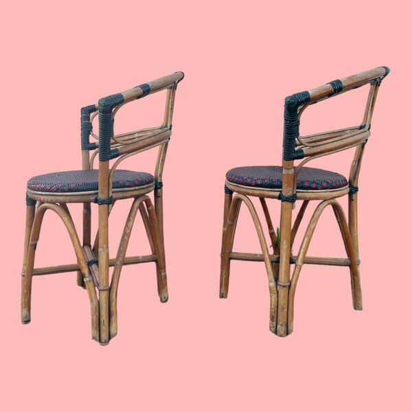 Paire de chaises de bistrot en bambou et tressage bicolore