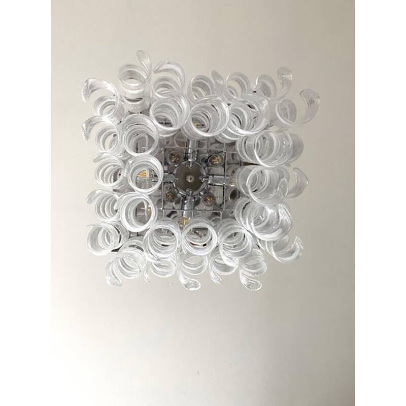 Contemporary Trasparent and White "Ricci-Curles" Murano Glass in Mazzega Style Squared Flush Mount