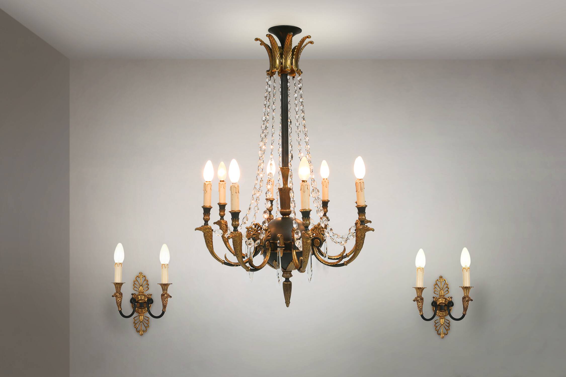 Impressive set of a large bronze Empire Chandelier with 2 wall lights, Belgium ca. 1950