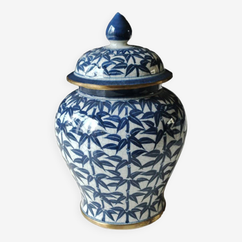 Old lidded vase/potiche/jar. origin/thailand. decorated with indigo blue palm trees. 23 x 14 cm