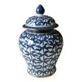 Old lidded vase/potiche/jar. origin/thailand. decorated with indigo blue palm trees. 23 x 14 cm
